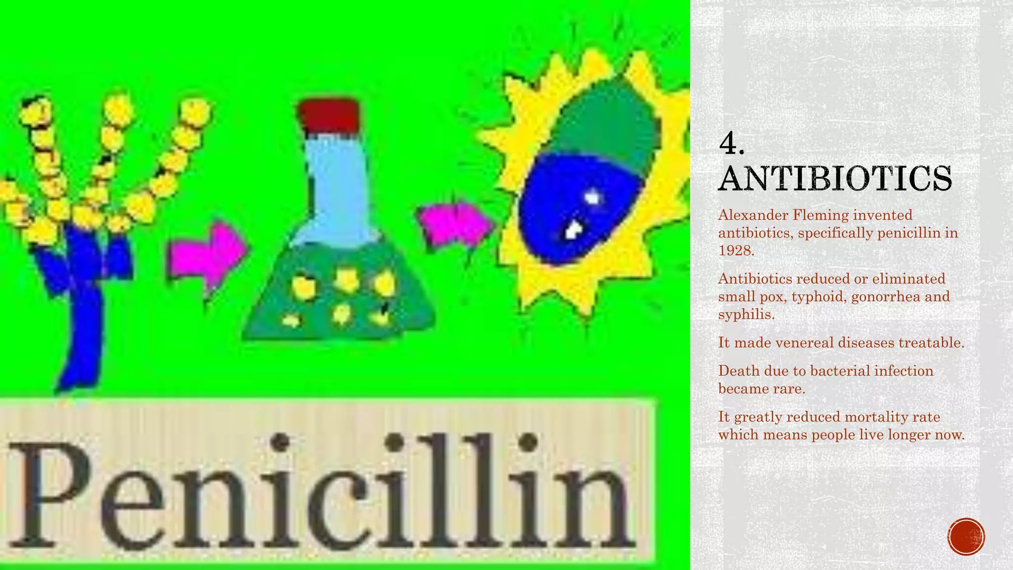 Alexander Fleming invented
antibiotics, specifically penicillin in
1928.
Antibiotics reduced or eliminated
small pox, typhoid, gonorrhea and
syphilis.
It made venereal diseases treatable.
Death due to bacterial infection
became rare.
It greatly reduced mortality rate
which means people live longer now.
 