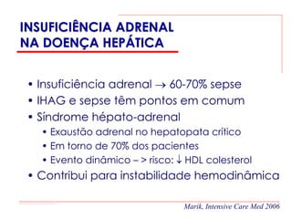 INSUFICIÊNCIA ADRENAL
NA DOENÇA HEPÁTICA


• Insuficiência adrenal → 60-70% sepse
• IHAG e sepse têm pontos em comum
• Síndrome hépato-adrenal
  • Exaustão adrenal no hepatopata crítico
  • Em torno de 70% dos pacientes
  • Evento dinâmico – > risco: ↓ HDL colesterol
• Contribui para instabilidade hemodinâmica

                                Marik, Intensive Care Med 2006
 