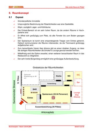 Das erste Haus am Platz!



8. Raumkonzept
8.1                         Exposé
       ?                      Gründerzeitliche Immobilie
       ?                      Ursprungliche Bestimmung der Räumlichkeiten war eine Gaststätte.
       ?                      83qm, zuzüglich Lager- und Kühlräume
       ?                      Der Entreé-Bereich ist ein sehr hoher Raum, da die andern Räume in Hoch-
                              parterre sind
       ?                      Er öffnet sich großzügig zum Platz, da alle Fenster bis zum Boden gezogen
                              sind.
       ?                      Der Speiseraum ist durch eine emporsteigende Treppe vom Entree getrennt.
                              Optisch kommunizieren die Räume miteinander, da die Trennwand großzügig
                              aufgebrochen wird.
       ?                      Zum benachbarte Verein Kap Arkona gibt es einen direkten Zugang, so dass
                              die dortigen Räumlichkeiten als Smoker’s Lounge genutzt werden können.
       ?                      Mittelfristig wird die Option erwartet, einen weiteren benachbarten Raum in das
                              Restaurant zu integrieren.
       ?                      Der sehr breite Bürgersteig ermöglicht eine großzügige Außenbestuhlung.



                                                     Grobskizze der Räumlichkeiten


                                         Optionale                                                         WC
                                                                                     Küche     WC
                             12 Plätze




                                         Erweiterung ca. 60
                                         qm
      Swinemünder Strasse




                                                                                                           Bar
                                                                      Vorbereitung



                                                     BAR
                                                                                                       Lounge
                                                                Speiseraum (32-34 Personen)             (Kap
                                             Entree                                                    Arkona)




                                                         Aussenbestuhlung (36 Plätze)


                                                               Arkonaplatz




Businessplan – Stand: 26.04.2005                                                                        Seite 8 von 42
 