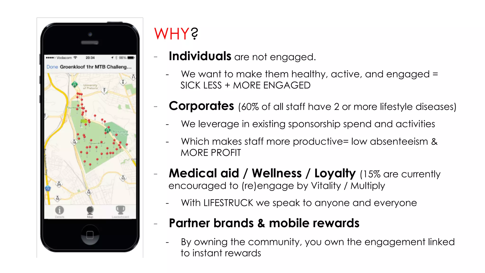WHY?
-  Individuals are not engaged.
-  We want to make them healthy, active, and engaged =
SICK LESS + MORE ENGAGED
-  Corporates (60% of all staff have 2 or more lifestyle diseases)
-  We leverage in existing sponsorship spend and activities
-  Which makes staff more productive= low absenteeism &
MORE PROFIT
-  Medical aid / Wellness / Loyalty (15% are currently
encouraged to (re)engage by Vitality / Multiply
-  With LIFESTRUCK we speak to anyone and everyone
-  Partner brands & mobile rewards
-  By owning the community, you own the engagement linked
to instant rewards
 