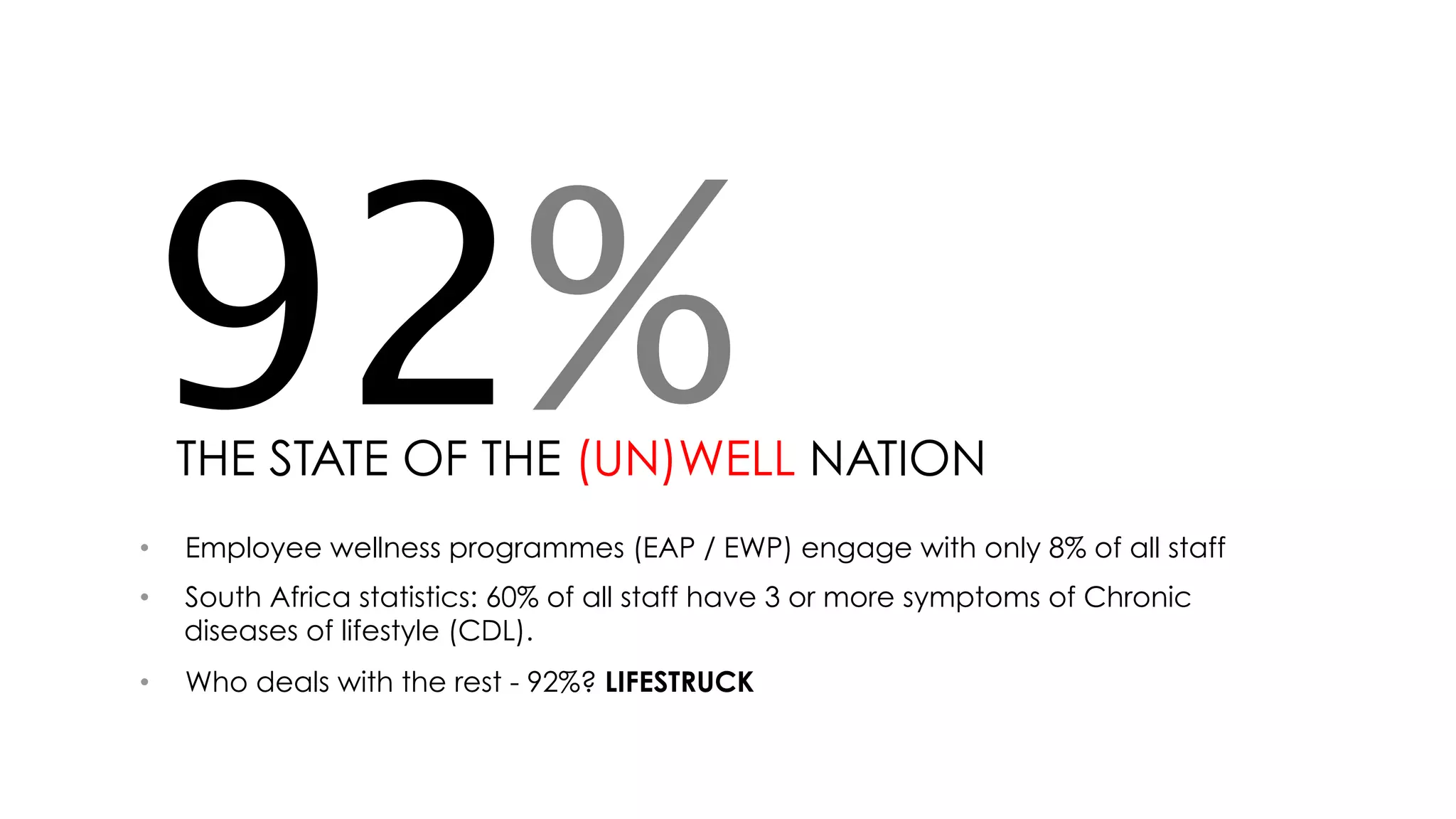 THE STATE OF THE (UN)WELL NATION
•  Employee wellness programmes (EAP / EWP) engage with only 8% of all staff
•  South Africa statistics: 60% of all staff have 3 or more symptoms of Chronic
diseases of lifestyle (CDL).
•  Who deals with the rest - 92%? LIFESTRUCK
92%
 