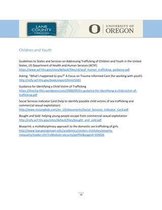 18
Children and Youth
Guidelines to States and Services on Addressing Trafficking of Children and Youth in the United
States, US Department of Health and Human Services (ACYF)
https://www.acf.hhs.gov/sites/default/files/cb/acyf_human_trafficking_guidance.pdf
Asking: “What’s happened to you?” A Focus on Trauma-Informed Care (for working with youth)
http://ncfy.acf.hhs.gov/book/export/html/1681
Guidance for Identifying a Child Victim of Trafficking
https://thectrp.files.wordpress.com/2008/09/lirs-gudance-for-identifying-a-child-victim-of-
trafficking.pdf
Social Services Indicator Card (help to identify possible child victims of sex trafficking and
commercial sexual exploitation)
http://www.missingkids.com/en_US/documents/Social_Services_Indicator_Card.pdf
Bought and Sold: helping young people escape from commercial sexual exploitation
http://ncfy.acf.hhs.gov/sites/default/files/bought_and_sold.pdf
Blueprint: a multidisciplinary approach to the domestic sex trafficking of girls
http://www.law.georgetown.edu/academics/centers-institutes/poverty-
inequality/loader.cfm?csModule=security/getfile&pageid=169026
 