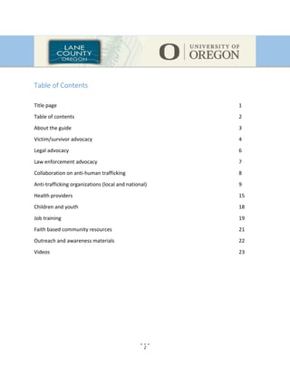 2
Table of Contents
Title page 1
Table of contents 2
About the guide 3
Victim/survivor advocacy 4
Legal advocacy 6
Law enforcement advocacy 7
Collaboration on anti-human trafficking 8
Anti-trafficking organizations (local and national) 9
Health providers 15
Children and youth 18
Job training 19
Faith based community resources 21
Outreach and awareness materials 22
Videos 23
 