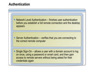 Authentication Network Level Authentication – finishes user authentication before you establish a full remote connection and the desktop appears Server Authentication – verifies that you are connecting to the correct remote computer Single Sign-On – allows a user with a domain account to log on once, using a password or smart card, and then gain access to remote servers without being asked for their credentials again 