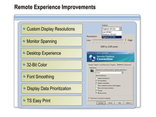Remote Experience Improvements Monitor Spanning Desktop Experience Font Smoothing Custom Display Resolutions Display Data Prioritization 32-Bit Color TS Easy Print 