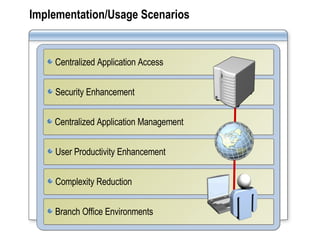 Implementation/Usage Scenarios Security Enhancement Centralized Application Management User Productivity Enhancement Complexity Reduction Centralized Application Access Branch Office Environments 