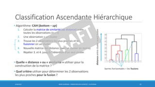 Classification Ascendante Hiérarchique
• Algorithme: CAH (bottom – up)
1. Calculer la matrice de similarité (de distance) entre
toutes les observations (n x n)
2. Une observation = un cluster
3. Trouve les 2 observations les plus proches et les
fusionner en un cluster
4. Nouvelle matrice des distance (avec un cluster en moins)
5. Répéter 3. et 4. jusqu’à l’obtention d’un seul cluster
• Quelle « distance » ou « similarité » utiliser pour la
construction de la matrice ?
• Quel critère utiliser pour déterminer les 2 observations
les plus proches pour la fusion ?
6/30/2016 BORIS GUARISMA - FORMATION DATA SCIENTIST - CLUSTERING 22
distanceentreclusteravantfusion
barres horizontales = les fusions
 