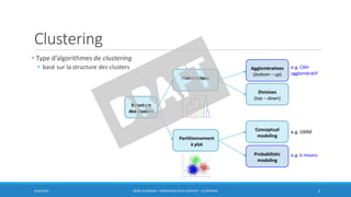 Clustering
• Type d’algorithmes de clustering
• basé sur la structure des clusters
6/30/2016 BORIS GUARISMA - FORMATION DATA SCIENTIST - CLUSTERING 5
Structure
des clusters
Hiérarchique
Partitionnement
à plat
Agglomératives
(bottom – up)
Divisives
(top – down)
Conceptual
modeling
Probabilistic
modeling
e.g. GMM
e.g. k-means
e.g. CAH
agglomératif
 