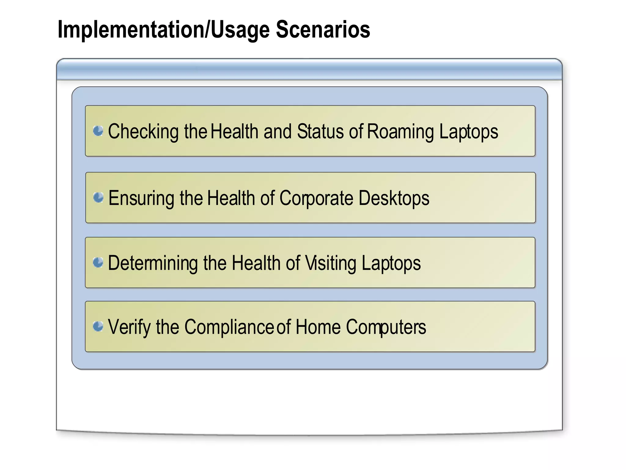 Implementation/Usage Scenarios Ensuring the Health of Corporate Desktops Checking the Health and Status of Roaming Laptops Determining the Health of Visiting Laptops Verify the Compliance of Home Computers 