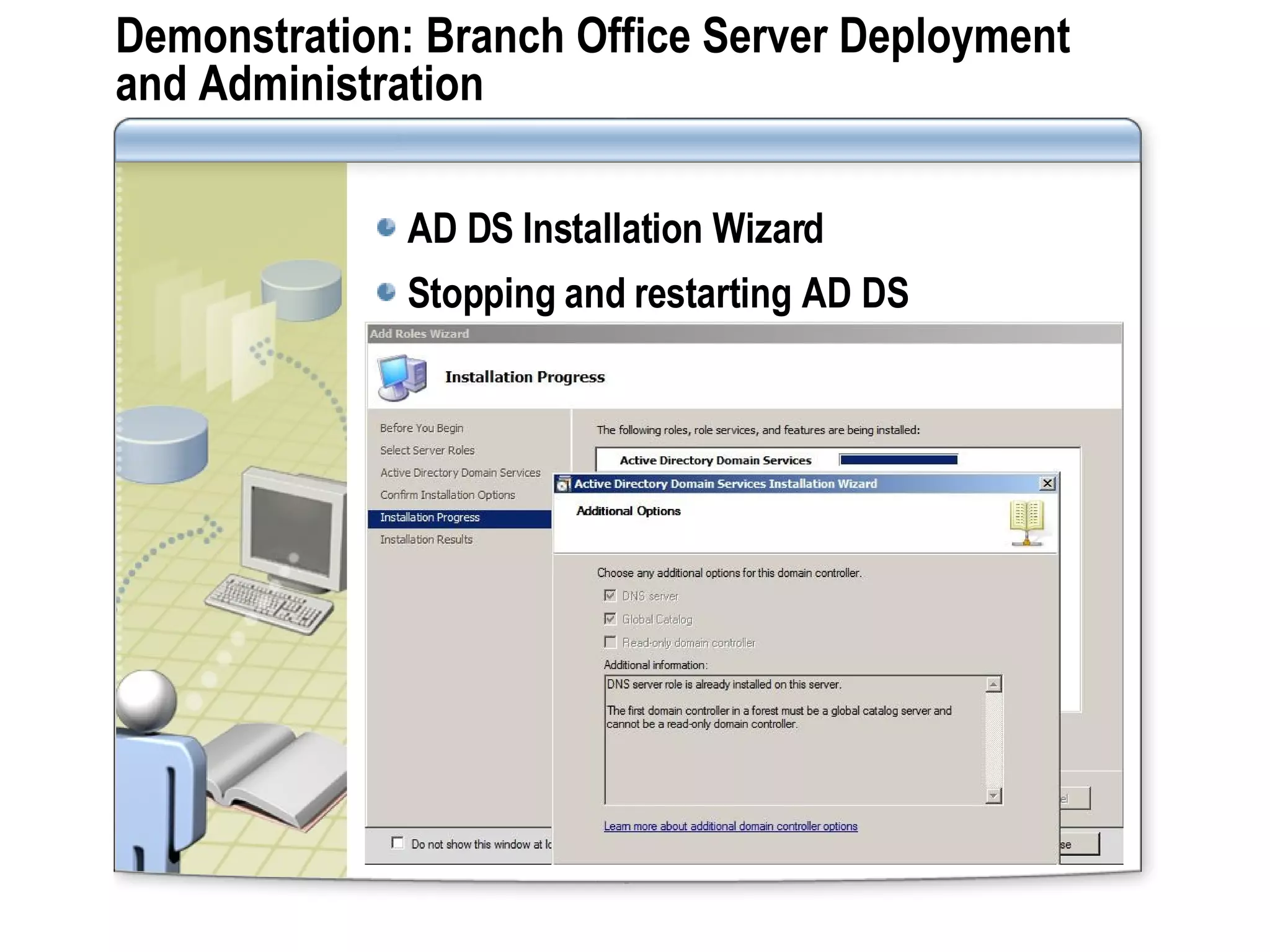 Demonstration: Branch Office Server Deployment and Administration AD DS Installation Wizard Stopping and restarting AD DS 