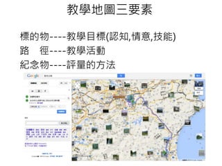 教學地圖三要素
標的物----教學目標(認知,情意,技能)
路 徑----教學活動
紀念物----評量的方法
 