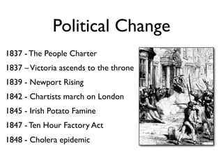 Political Change
1837 - The People Charter
1837 – Victoria ascends to the throne
1839 - Newport Rising
1842 - Chartists march on London
1845 - Irish Potato Famine
1847 - Ten Hour Factory Act
1848 - Cholera epidemic
 