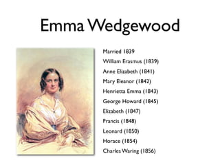 Emma Wedgewood
      Married 1839
      William Erasmus (1839)
      Anne Elizabeth (1841)
      Mary Eleanor (1842)
      Henrietta Emma (1843)
      George Howard (1845)
      Elizabeth (1847)
      Francis (1848)
      Leonard (1850)
      Horace (1854)
      Charles Waring (1856)
 