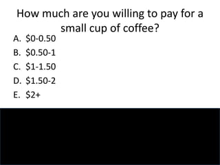 How much are you willing to pay for a
small cup of coffee?
A. $0-0.50
B. $0.50-1
C. $1-1.50
D. $1.50-2
E. $2+
 