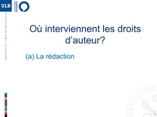 4
Où interviennent les droits
d’auteur?
(a) La rédaction
 
