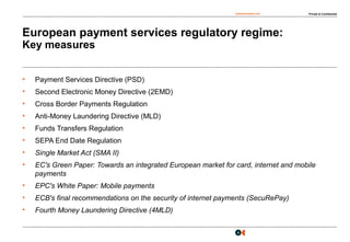 osborneclarke.com Private & Confidential
4
European payment services regulatory regime:
Key measures
• Payment Services Directive (PSD)
• Second Electronic Money Directive (2EMD)
• Cross Border Payments Regulation
• Anti-Money Laundering Directive (MLD)
• Funds Transfers Regulation
• SEPA End Date Regulation
• Single Market Act (SMA II)
• EC's Green Paper: Towards an integrated European market for card, internet and mobile
payments
• EPC's White Paper: Mobile payments
• ECB's final recommendations on the security of internet payments (SecuRePay)
• Fourth Money Laundering Directive (4MLD)
 