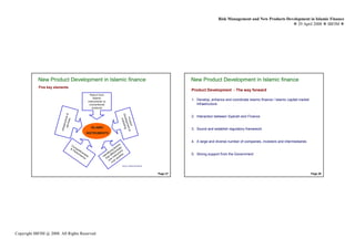 Risk Management and New Products Development in Islamic Finance
                                                                                                                                                                                       29 April 2008 IBFIM




            New Product Development in Islamic finance                                                                         New Product Development in Islamic finance
                            Introduction                                                                                                       Introduction
            Five key elements
                                                                                                                               Product Development - The way forward
                                                         Return from
                                                           Islamic
                                                       instruments vs
                                                                                                                               1. Develop, enhance and coordinate Islamic finance / Islamic capital market
                                                        conventional                                                              infrastructure
                                                          products
                            serv ture &




                                                                                   Dev rketing
                                                                                                                               2. Interaction between Syariah and Finance

                                                                                     Prod ent &
                                                                                      ma
                                  ices




                                                                                      elop
                               struc




                                                                                          uct
                                                                                          m
                         Infra




                                                         ISLAMIC                                                               3. Sound and establish regulatory framework
                                                  INSTRUMENTS

                                                                                                                               4. A large and diverse number of companies, investors and intermediaries
                                                                                      s
                                       Co                                          tor
                                      & mpe                                     fac te
                                        Pe tit                                g ntia nt
                                                                            in e
                                          rfo ive
                                             rm ne                      tify fer me
                                               an ss                 en if ru er                                               5. Strong support from the Government
                                                 ce                Id at d inst oth
                                                                      th ne r an
                                                                          o ve
                                                                              o
                                                                                     Source: Failaka International




                                                                                                                     Page 27                                                                                 Page 28




Copyright IBFIM @ 2008. All Rights Reserved
 