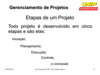 GGeerreenncciiaammeennttoo ddee PPrroojjeettooss 
Etapas de um Projeto 
Todo projeto é desenvolvido em cinco 
etapas e são elas: 
Iniciação; 
Planejamento; 
Execução; 
Controle; 
e conclusão 
05/08/2014 Ger. Projetos de SW - Prof. Wilker Bueno 13 
 