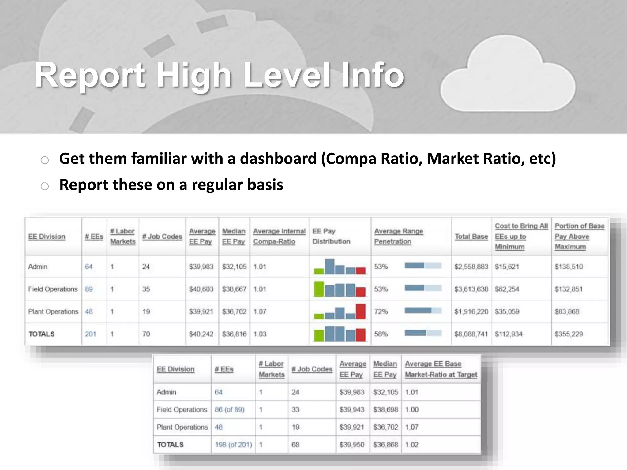 Report High Level Info
o Get them familiar with a dashboard (Compa Ratio, Market Ratio, etc)
o Report these on a regular basis
 