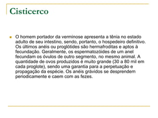 Cisticerco
 O homem portador da verminose apresenta a tênia no estado
adulto de seu intestino, sendo, portanto, o hospedeiro definitivo.
Os últimos anéis ou proglótides são hermafroditas e aptos à
fecundação. Geralmente, os espermatozóides de um anel
fecundam os óvulos de outro segmento, no mesmo animal. A
quantidade de ovos produzidos é muito grande (30 a 80 mil em
cada proglote), sendo uma garantia para a perpetuação e
propagação da espécie. Os anéis grávidos se desprendem
periodicamente e caem com as fezes.
 