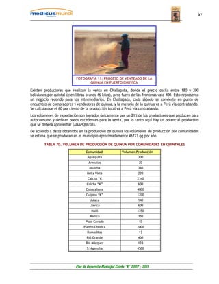 97




                             FOTOGRAFÍA 11: PROCESO DE VENTEADO DE LA
                                    QUINUA EN PUERTO CHUVICA

Existen productores que realizan la venta en Challapata, donde el precio oscila entre 180 y 200
bolivianos por quintal (cien libras o unos 46 kilos), pero fuera de las fronteras vale 400. Esto representa
un negocio redondo para los intermediarios. En Challapata, cada sábado se convierte en punto de
encuentro de compradores y vendedores de quinua, y la mayoría de la quinua va a Perú vía contrabando.
Se calcula que el 60 por ciento de la producción total va a Perú vía contrabando.
Los volúmenes de exportación son logrados únicamente por un 21% de los productores que producen para
autoconsumo y dedican pocos excedentes para la venta, por lo tanto aquí hay un potencial productivo
que se deberá aprovechar (ANAPQUI/03).
De acuerdo a datos obtenidos en la producción de quinua los volúmenes de producción por comunidades
se estima que se producen en el municipio aproximadamente 46773 qq por año.

        TABLA 70. VOLUMEN DE PRODUCCIÓN DE QUINUA POR COMUNIDADES EN QUINTALES

                                   Comunidad                Volumen Producción
                                    Aguaquiza                          300
                                     Arenales                           20
                                     Atulcha                           360
                                    Bella Vista                        220
                                    Calcha “K                          2340
                                   Colcha “K”                          600
                                   Copacabana                          4000
                                   Culpina “K”                         1200
                                      Julaca                           140
                                     Llavica                           600
                                       Malil                           1350
                                     Mañica                            350
                                   Pozo Cavado                          10
                                 Puerto Chuvica                        2000
                                    Ramaditas                           12
                                   Rió Grande                          400
                                   Rió Márquez                         128
                                   S. Agencha                          4500




                            Plan de Desarrollo Municipal Colcha “K” 2007 - 2011
 