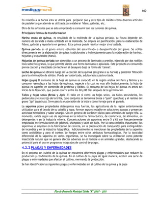 100


En relación a la harina esta se utiliza para preparar pan y otro tipo de masitas como diversos artículos
de pastelería que además es utilizada para elaborar fideos, galletas, etc.
Otro de los artículos que se esta empezando a consumir son los turrones de quinua.
Principales formas de transformación
Harina cruda de quinua, es resultado de la molienda de la quinua perlada, su finura depende del
número de zaranda o malla utilizada en la molienda. Se emplea en panificación, para la elaboración de
fideos, galletas y repostería en general. Esta quinua puede resultar mejor si es tostada.
Quinua perlada es el grano entero obtenido del escarificado o desaponificado del grano. Se utiliza
directamente en la elaboración de guisos tradicionales o indirectamente para la elaboración de harinas,
hojuelas y expandidos (maná).
Hojuelas de quinua perlada son sometidas a un proceso de laminado a presión, ejercido por dos rodillos
lisos sobre los granos, lo que permite darles una forma laminada o aplanada. Este producto es consumido
previa cocción y mezclado con leche en el desayuno bajo la forma de "cereal".
Leche de quinua se obtiene luego de la cocción de la quinua (en grano o su harina) y posterior filtración
para la eliminación de sólidos. Puede ser saborizada, edulcorada y pasteurizada.
Hojas (yuyo) El consumo de la hoja de quinua es conocido en la región andina del Perú y Bolivia y su
consumo reemplaza a las hojas de espinaca, especie a la cual es muy afín botánicamente, la hoja de
quinua es superior en contenido de proteína y lípidos. El consumo de las hojas de quinua es antes del
inicio de la floración, que puede ocurrir entre los 60 y 80 días después de la germinación.
Tallos y hojas secas (Brosa y Jipi) El tallo en sí como las hojas secas, los tallos secundarios, los
pedúnculos y el rastrojo de la trilla, cuyo conjunto se denomina broza o "quiri" (quechua) y el residuo del
grano "jipi" (quechua). Sirve para la elaboración de la lejía y como forraje para el ganado.
La saponina posee propiedades detergentes muy fuertes, los agricultores de la región anteriormente
utilizaban para el lavado de su cabello y ropa; forman espuma estable en soluciones acuosas y presentan
actividad hemolítica y sabor amargo. Son en general de carácter tóxico para animales de sangre fría. Al
momento, existe algún uso de saponinas en la industria farmacéutica, de cosméticos, de alimentos, en
detergentes y en la industria minera. Concentraciones de saponinas entre 5 y 6% son frecuentemente
empleadas en formulaciones de jabones, shampoos y sales de baño. Por la característica espumante, las
saponinas se emplean en la fabricación de cerveza, en la preparación de compuestos para extinguidotes
de incendios y en la industria fotográfica. Adicionalmente se mencionan las propiedades de la saponina
como antibiótico y para el control de hongos entre otros atributos farmacológicos. Por la toxicidad
diferencial de la saponina en varios organismos, se ha investigado sobre su utilización como potente
insecticida natural que no genera efectos adversos en el hombre o en animales grandes, destacando su
potencial para el uso en programas integrados de control de plagas.
4.2.2 PLAGAS Y ENFERMEDADES
En el proceso del cultivo de la quinua se encuentra diferentes plagas y enfermedades que reducen la
producción y rendimiento de la quinua. En el cultivo de la papa de igual manera, existen una serie de
plagas y enfermedades que afectan al cultivo, mermando la producción.
Se han identificado las siguientes plagas y enfermedades en el cultivo de la quinua y la papa




                            Plan de Desarrollo Municipal Colcha “K” 2007 - 2011
 