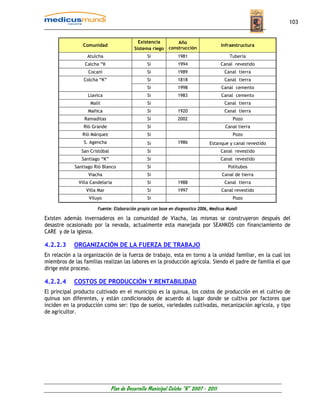 103


                                             Existencia        Año
                Comunidad                                                             Infraestructura
                                           Sistema riego   construcción
                  Atulcha                        Si             1981                     Tubería
                 Calcha “K                       Si             1994                  Canal revestido
                   Cocani                        Si             1989                   Canal tierra
                 Colcha “K”                      Si             1818                   Canal tierra
                                                 Si             1998                  Canal cemento
                   Llavica                       Si             1983                  Canal cemento
                    Malil                        Si                                    Canal tierra
                   Mañica                        Si             1920                   Canal tierra
                 Ramaditas                       Si             2002                       Pozo
                 Rió Grande                      Si                                    Canal tierra
                Rió Márquez                      Si                                        Pozo
                 S. Agencha                      Si             1986           Estanque y canal revestido
                San Cristóbal                    Si                                   Canal revestido
                Santiago “K”                     Si                                   Canal revestido
             Santiago Rió Blanco                 Si                                      Politubos
                   Viacha                        Si                                   Canal de tierra
              Villa Candelaria                   Si             1988                   Canal tierra
                  Villa Mar                      Si             1997                  Canal revestido
                   Viluyo                        Si                                        Pozo

                       Fuente: Elaboración propia con base en diagnostico 2006, Medicus Mundi

Existen además invernaderos en la comunidad de Viacha, las mismas se construyeron después del
desastre ocasionado por la nevada, actualmente esta manejada por SEANKOS con financiamiento de
CARE y de la iglesia.

4.2.2.3     ORGANIZACIÓN DE LA FUERZA DE TRABAJO
En relación a la organización de la fuerza de trabajo, esta en torno a la unidad familiar, en la cual los
miembros de las familias realizan las labores en la producción agrícola. Siendo el padre de familia el que
dirige este proceso.

4.2.2.4     COSTOS DE PRODUCCIÓN Y RENTABILIDAD
El principal producto cultivado en el municipio es la quinua, los costos de producción en el cultivo de
quinua son diferentes, y están condicionados de acuerdo al lugar donde se cultiva por factores que
inciden en la producción como ser: tipo de suelos, variedades cultivadas, mecanización agrícola, y tipo
de agricultor.




                                Plan de Desarrollo Municipal Colcha “K” 2007 - 2011
 