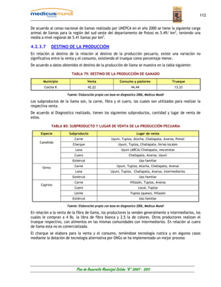 112


De acuerdo al censo nacional de llamas realizado por UNEPCA en el año 2000 se tiene la siguiente carga
animal de llamas para la región del sud oeste del departamento de Potosí es 5.49/ km2, teniendo una
media a nivel regional de 5.41 llamas por km2.

4.2.3.7        DESTINO DE LA PRODUCCIÓN
En relación al destino de la relación al destino de la producción pecuaria, existe una variación no
significativa entre la venta y el consumo, existiendo el trueque como porcentaje menor.
De acuerdo a datos obtenidos el destino de la producción de llama se muestra en la tabla siguiente:

                          TABLA 79: DESTINO DE LA PRODUCCIÓN DE GANADO

       Municipio                      Venta                  Consumo y pastoreo                 Trueque
        Colcha K                      42,22                          44,44                       13,33

                       Fuente: Elaboración propia con base en diagnostico 2006, Medicus Mundi

Los subproductos de la llama son, la carne, fibra y el cuero, las cuales son utilizados para realizar la
respectiva venta.
De acuerdo al Diagnostico realizado, tienen los siguientes subproductos, cantidad y lugar de venta de
estos.

               TABLA 80: SUBPRODUCTO Y LUGAR DE VENTA DE LA PRODUCCIÓN PECUARIA

      Especie           Subproducto                                      Lugar de venta
                            Carne                     Uyuni, Tupiza, Atocha, Challapata, Avaroa, Potosí
     Camélido
                          Charque                          Uyuni, Tupiza, Challapata, ferias locales
                            Lana                             Uyuni (ARCA) Challapata, rescatistas
                            Cuero                                  Challapata, Avaroa, Uyuni
                          Estiércol                                        Uso familiar
                            Carne                         Uyuni, Tupiza, Atocha, Challapata, Avaroa
       Ovino
                            Lana                      Uyuni, Tupiza, Challapata, Avaroa, intermediarios
                          Estiércol                                        Uso familiar
                            Carne                                   Villazón, Tupiza, Avaroa
      Caprino
                            Cuero                                         Local, Tupiza
                            Leche                                   Tupiza (queso), Villazón
                          Estiércol                                        Uso familiar

                       Fuente: Elaboración propia con base en diagnostico 2006, Medicus Mundi

En relación a la venta de la fibra de llama, los productores la venden generalmente a intermediarios, los
cuales le compran a 4 Bs. la libra de fibra blanca y 2,5 la de colores. Otros productores realizan el
trueque respectivo, con alimentos en las mismas comunidades con intermediarios. En relación al cuero
de llama esta no es comercializada.
El charque se elabora para la venta y el consumo, teniéndose tecnología rustica y en algunos casos
mediante la dotación de tecnología alternativa por ONGs se ha implementado un mejor proceso




                             Plan de Desarrollo Municipal Colcha “K” 2007 - 2011
 