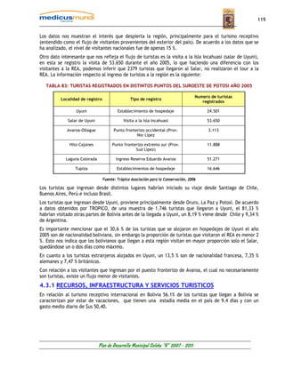 119


Los datos nos muestran el interés que despierta la región, principalmente para el turismo receptivo
(entendido como el flujo de visitantes provenientes del exterior del país). De acuerdo a los datos que se
ha analizado, el nivel de visitantes nacionales fue de apenas 15 %.
Otro dato interesante que nos refleja el flujo de turistas es la visita a la Isla Incahuasi (salar de Uyuni),
en esta se registro la visita de 53.650 durante el año 2005, lo que haciendo una diferencia con los
visitantes a la REA, podemos inferir que 2379 turistas que llegaron al Salar, no realizaron el tour a la
REA. La información respecto al ingreso de turistas a la región es la siguiente:

   TABLA 83: TURISTAS REGISTRADOS EN DISTINTOS PUNTOS DEL SUROESTE DE POTOSI AÑO 2005

                                                                                      Numero de turistas
          Localidad de registro                  Tipo de registro
                                                                                         registrados

                  Uyuni                   Establecimiento de hospedaje                     24.501

              Salar de Uyuni                 Visita a la Isla Incahuasi                    53.650

             Avaroa-Ollague             Punto fronterizo occidental (Prov.                  3.113
                                                    Nor Lípez

              Hito Cajones             Punto fronterizo extremo sur (Prov.                 11.888
                                                   Sud Lípez)

             Laguna Colorada             Ingreso Reserva Eduardo Avaroa                    51.271

                 Tupiza                   Establecimientos de hospedaje                    16.646

                                  Fuente: Trópico Asociación para la Conservación, 2006

Los turistas que ingresan desde distintos lugares habrían iniciado su viaje desde Santiago de Chile,
Buenos Aires, Perú e incluso Brasil.
Los turistas que ingresan desde Uyuni, proviene principalmente desde Oruro, La Paz y Potosí. De acuerdo
a datos obtenidos por TROPICO, de una muestra de 1.746 turistas que llegaron a Uyuni, el 81,33 %
habrían visitado otras partes de Bolivia antes de la llegada a Uyuni, un 8,19 % viene desde Chile y 9,34 %
de Argentina.
Es importante mencionar que el 30,6 % de los turistas que se alojaron en hospedajes de Uyuni el año
2005 son de nacionalidad boliviana, sin embargo la proporción de turistas que visitaron el REA es menor 2
%. Esto nos indica que los bolivianos que llegan a esta región visitan en mayor proporción solo el Salar,
quedándose un o dos días como máximo.
En cuanto a los turistas extranjeros alojados en Uyuni, un 13,5 % son de nacionalidad francesa, 7,35 %
alemanes y 7,47 % británicos.
Con relación a los visitantes que ingresan por el puesto fronterizo de Avaroa, el cual no necesariamente
son turistas, existe un flujo menor de visitantes.
4.3.1 RECURSOS, INFRAESTRUCTURA Y SERVICIOS TURISTICOS
En relación al turismo receptivo internacional en Bolivia 56.1% de los turistas que llegan a Bolivia se
caracterizan por estar de vacaciones, que tienen una estadía media en el país de 9.4 días y con un
gasto medio diario de $us 50,40.




                               Plan de Desarrollo Municipal Colcha “K” 2007 - 2011
 