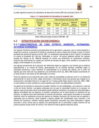 143


La tabla siguiente muestra los indicadores de desarrollo humano 2001 del municipio Colcha “K”

                        TABLA 117: INDICADORES DE DESARROLLO HUMANO 2001

                                    Municipio                    Índice de Desarrollo Humano 2001
             País
             Dpto                   Población                                               Índice de    Ranking
                                     censada        Índice      Índice de    Índice de
           Municipio                                                                         Ingreso    Municipal
                                      2001           Total        Salud      Educación
                                                                                           (Consumo)     (s/314 )
            BOLIVIA                 8.274.325        0,64          0,64         0,78          0,54
            POTOSI                   709.013         0,51          0,54         0,62          0,38
   Primera Sección -Colcha "K"        9.645          0,54          0,36         0,53          0,72        194

                                  Fuente: Elaboración propia con base en CNPV 2001 – INE


6.2        ESTRATIFICACIÓN SOCIOECONÓMICA
6.2.1 CARACTERÍSTICAS                    DE     CADA         ESTRATO           (INGRESOS,            PATRIMONIO,
ACTIVIDAD ECONÓMICA)
Los ingresos familiares provienen principalmente de la agricultura y pecuaria, por la comercialización y
acopio de la quinua, la pecuaria le brinda al comunario la venta y faeneo de la llama y oveja. El precio
promedio del quintal de quinua es de Bs. 200 y el rendimiento aproximado es de 6.7 qq/ha. Si tomamos
en cuenta el promedio de 3.66 has. Destinadas al cultivo de quinua podemos estimar los ingresos
anuales por familia en Bs. 4904.40 tomando en cuenta una producción en condiciones normales,
situación que difícilmente se cumple por factores de escasez de agua, clima variable y la presencia de
plagas y enfermedades en los cultivos.
Los ingresos provenientes de la pecuaria son diferentes según las regiones y las familias que se dedican
especialmente a la crianza de llamas, generalmente en las familias derriban camélidos según la
necesidad alimenticia y para mantener la sostenibilidad en el tamaño del rebaño, por lo tanto los
ingresos por este rubro son muy aleatorios y los estimamos entre $us. 600 a 900 anuales consistentes en
la venta de dos a tres llamas al año destinadas a la venta.
Como los ingresos no son suficientes para cubrir todas las necesidades se opta por recurrir a la migración
generalmente al norte de Chile, según entrevistas a informantes claves una persona que trabaja en la
construcción o actividad minera en un lapso de 6 a 7 meses puede llegar ahorrar entre Sus. 850 a 1000,
en este análisis no están tomados en cuenta aquellos que tienen una especialidad o profesión.
Los gastos de las familias en educación se pueden clasificar en dos modalidades, una colectiva o comunal
y otra en forma familiar. Los gastos comunales son los que la comunidad invierte en la escuela, en
algunos casos las escuelas tienen invernadero donde siembran hortalizas y la producción está destinada a
algunas actividades que los planifica el profesor juntamente con la junta escolar en beneficio de los
alumnos, en algunos casos está destinada al consumo del profesor, estos gastos comunales se los puede
clasificar como no monetarios ya que son aportes en trabajos conjuntos con recursos más en especies y
materiales que en efectivo, estos trabajos y aportes pueden ser considerados como inversión y son
difíciles de cuantificar, también realizan gastos monetarios comunales que están destinados a alguna
excursión o actos cívicos que se realizan con participación de la comunidad y según informes de las
juntas escolares oscilan entre 30 a 50 $us. Por familia en toda la gestión educativa anual.




                                 Plan de Desarrollo Municipal Colcha “K” 2007 - 2011
 