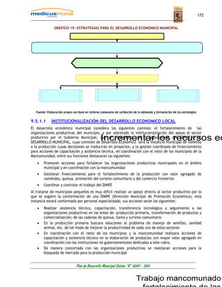 172


                GRÁFICO 19: ESTRATEGIAS PARA EL DESARROLLO ECONÓMICO MUNICIPAL




   Fuente: Elaboración propia con base en talleres comunales de validación de la demanda y formulación de las estrategias

9.5.1.1       INSTITUCIONALIZACIÓN DEL DESARROLLO ECONOMICO LOCAL
El desarrollo económico municipal considera los siguientes caminos: el fortalecimiento de las
organizaciones productivas del municipio, y por sobretodo la institucionalización del apoyo al sector
productivo por el Gobierno Municipal; que se consolidara con la organización del CONCEJO DE
DESARROLLO MUNICIPAL, cuya comisión de Desarrollo Económico será la instancia municipal de fomento
a la producción cuyas decisiones se traducirán en proyectos, y la gestión coordinada de financiamiento
para acciones de capacitación y asistencia técnica, en coordinación con el resto de los municipios de la
Mancomunidad, entre sus funciones destacaran las siguientes:
    •   Promover acciones para fortalecer las organizaciones productivas municipales en el ámbito
        municipal y en coordinación con la mancomunidad
    •   Gestionar financiamiento para el fortalecimiento de la producción con valor agregado de
        camélidos, quinua, promoción del turismo comunitario y del comercio fronterizo
    •   Coordinar y controlar el trabajo del DIMPE
Al tratarse de municipios pequeños es muy difícil realizar un apoyo directo al sector productivo por lo
que se sugiere la conformación de una DIMPE (Dirección Municipal de Promoción Económica); esta
instancia estará conformada por personal especializado, sus acciones serán las siguientes:
    •   Realizar asistencia técnica, capacitación, transferencia tecnológica y seguimiento a las
        organizaciones productivas en las áreas de: producción primaria, transformación de productos y
        comercialización; de las cadenas de quinua, llama y turismo comunitario
    •   En la producción primaria buscara soluciones al problema de manejo de semillas, sanidad
        animal, etc. de tal modo de mejorar la productividad de cada uno de estos sectores
    •   En coordinación con el resto de los municipios y la mancomunidad realizara acciones de
        capacitación y asistencia técnica en la elaboración de productos con mayor valor agregado en
        coordinación con las instituciones no gubernamentales dedicadas a este rubro.
    •   De manera concertada con las organizaciones productivas se realizaran acciones para la
        búsqueda de mercado para la producción municipal


                                Plan de Desarrollo Municipal Colcha “K” 2007 - 2011
 