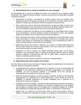 175


   a) Potenciamiento de la crianza de camélidos con valor agregado

El potenciamiento de la crianza de camélidos se encarara con la ejecución de un programa integral
denominado “Plan integral de fomento camélido”, que entre sus directrices principales debe contemplar
los siguientes aspectos:
   •   Mejoramiento de forrajes y recuperación de praderas nativas; tarea que pretende lograr
       seguridad alimentaría del ganado, proveyendo con la introducción de nuevos forrajes para los
       periodos de escasez y por otro lado para aumentar la ganancia en peso del mismo
   •   Buscar apoyo para construir sistemas de almacenamiento de agua para beber en zonas secas,
       actividad que puede ser encarada mediante la construcción de qotañas, pequeñas represas, etc.,
       ello con la finalidad de acopiar agua de lluvia como reserva para la época seca.
   •   Fortalecer la elaboración de productos con valor agregado en las comunidades; dada la lejanía
       de las comunidades es necesario fortalecer procesos de generación de mayor valor agregado
       desde las comunidades como una alternativa de lucha contra la pobreza
   •   Buscar mecanismos para reducir el daño causado por el garbancillo y el bicho barrenador, ambos
       causan serios daños a la crianza de la llama causando la muerte de los animales; por lo que es
       necesario crear alianza con instituciones de investigación o con la universidad para reducir el
       impacto de ambas plagas y la eliminación de la sarcociptosis
   •   Implementar acciones para declarar al Municipio y en conjunto a la Mancomunidad como zona
       libre de fiebre aftosa ante instancias internacionales, como único medio para consolidar la
       exportación de productos de origen camélido.
   •   Implementar en todo el Municipio los PABCOS (Planteles Animales Bajo Control Oficial),
       mediante el cual se pretende mejorar la producción del ganado camélido; esta tarea además
       permitiría consolidar la declaración de zona libre de fiebre aftosa y mejoraría de manera
       integral la calidad del ganado de la región.
   •   Implementar el control sanitario mediante la vacunación y la desparasitación
   b) Mejoramiento del cultivo orgánico de la quinua

De forma similar al anterior caso se formulara el Programa integral de fortalecimiento de la producción
de quinua, basada en los siguientes elementos:
   •   La Consolidación de la estructura organizativa de los asociados, en torno al fortalecimiento de
       CADEQUIR, la cual comprende el desarrollo de aptitudes y capacidades en los miembros de
       CADEQUIR, con esto se pretende consolidar a la CADEQUIR, como ente principal de
       representación de los productores de quinua real orgánica.
   •   Desarrollar alianzas estratégicas con instancias públicas y privadas, nacionales e internacionales
       comprometidos con el desarrollo de la cadena Quinua Real: A partir del Plan de Acción de
       CADEQUIR, se pretende implementar las acciones estratégicas para el desarrollo de la
       producción de la quinua real orgánica.
   •   Implementar procesos tecnológicos, tanto para la fase de producción, poscosecha, beneficiado y
       transformación de la Quinua Real, aplicado a las condiciones ecológicas de la zona: Mediante
       esta estrategia se pretende mejorar la tecnología para la producción ecológica de la Quinua
       Real; Implementar tecnología adecuada para post cosecha, su beneficiado y transformación.
   •   Agregar valor a la producción de Quinua Real, desde la parcela para beneficio directo al
       productor: Mediante esta estrategia se pretende la certificación de Denominación de origen

                           Plan de Desarrollo Municipal Colcha “K” 2007 - 2011
 