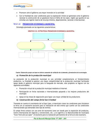 177


    •   Promover ante el gobierno una mayor inversión en la actividad
    •   Con la finalidad de crear condiciones para la explotación minera se gestionara ante el gobierno
        nacional la construcción de un gasoducto hacia el Delta de los Lípez, región que guarda en sus
        entrañas una ingente reserva de recursos mineros, departamental, nacional e internacional.

9.5.1.4       PROMOCION ECONOMICA MUNICIPAL
    Estrategia planteada con las siguientes características:

                       GRÁFICO 22: ESTRATEGIA PROMOCION ECONOMICA MUNICIPAL




   Fuente: Elaboración propia con base en talleres comunales de validación de la demanda y formulación de las estrategias

    a) Promoción de la producción municipal

La promoción de la producción municipal es una actividad complementaria al fortalecimiento
productivo, su finalidad es generar una mayor competitividad de la producción municipal facilitando
apoyo desde el gobierno municipal para la búsqueda de mercado, este propósito se lograra con las
siguientes actividades:
    •   Promoción virtual de la producción municipal mediante el Internet
    •   Participación en ferias nacionales e internacionales apoyando a los mejores productores del
        municipio
    •   Apoyo en las mesas de negociación para lograr una mayor utilidad de los productores
    b) Construcción del campo ferial San Cristóbal

Tomando en cuenta el crecimiento de la Expo Lípez, el Municipio creara las condiciones para fortalecer
la feria con un escenario exclusivo para la realización de este evento que cuente con las condiciones
internacionales que demandan este tipo de eventos.
El campo ferial contara con una serie de escenarios como ser stands para la exposición de productos,
Centro internacional de negocios y convenciones, etc. y se sugeriría a la Mancomunidad de municipios
“Gran Tierra de Los Lípez” el escenario para la realización permanente de la feria en este escenario.

                                Plan de Desarrollo Municipal Colcha “K” 2007 - 2011
 