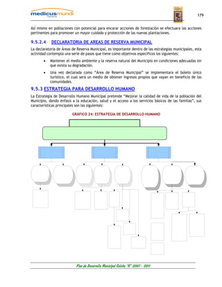 179


Así mismo en poblaciones con potencial para encarar acciones de forestación se efectuara las acciones
pertinentes para promover un mayor cuidado y protección de las nuevas plantaciones.

9.5.2.4     DECLARATORIA DE AREAS DE RESERVA MUNICIPAL
La declaratoria de Áreas de Reserva Municipal, es importante dentro de las estrategias municipales, esta
actividad contempla una serie de pasos que tiene como objetivos específicos los siguientes:
       •   Mantener el medio ambiente y la reserva natural del Municipio en condiciones adecuadas sin
           que exista su degradación.
       •   Una vez declarada como “Área de Reserva Municipal” se implementara el boleto único
           turístico, el cual será un medio de obtener ingresos propios que vayan en beneficio de las
           comunidades.
9.5.3 ESTRATEGIA PARA DESARROLLO HUMANO
La Estrategia de Desarrollo Humano Municipal pretende “Mejorar la calidad de vida de la población del
Municipio, dando énfasis a la educación, salud y el acceso a los servicios básicos de las familias”, sus
características principales son las siguientes:

                         GRÁFICO 24: ESTRATEGIA DE DESARROLLO HUMANO




                           Plan de Desarrollo Municipal Colcha “K” 2007 - 2011
 