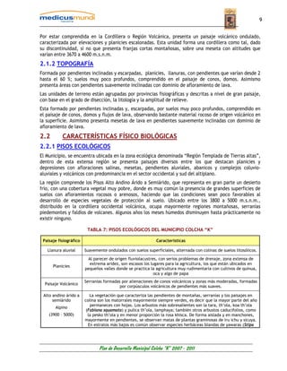 9


Por estar comprendida en la Cordillera o Región Volcánica, presenta un paisaje volcánico ondulado,
caracterizada por elevaciones y planicies escalonadas. Esta unidad forma una cordillera como tal, dado
su discontinuidad, si no que presenta franjas cortas montañosas, sobre una meseta con altitudes que
varían entre 3670 a 4600 m.s.n.m.
2.1.2 TOPOGRAFÍA
Formada por pendientes inclinadas y escarpadas, planicies, llanuras, con pendientes que varían desde 2
hasta el 60 %; suelos muy poco profundos, comprendido en el paisaje de conos, domos. Asimismo
presenta áreas con pendientes suavemente inclinadas con dominio de afloramiento de lava.
Las unidades de terreno están agrupadas por provincias fisiográficas y descritas a nivel de gran paisaje,
con base en el grado de disección, la litología y la amplitud de relieve.
Esta formado por pendientes inclinadas y, escarpadas, por suelos muy poco profundos, comprendido en
el paisaje de conos, domos y flujos de lava, observando bastante material rocoso de origen volcánico en
la superficie. Asimismo presenta mesetas de lava en pendientes suavemente inclinadas con dominio de
afloramiento de lava.
2.2        CARACTERÍSTICAS FÍSICO BIOLÓGICAS
2.2.1 PISOS ECOLÓGICOS
El Municipio, se encuentra ubicada en la zona ecológica denominada “Región Templada de Tierras altas”,
dentro de esta extensa región se presenta paisajes diversos entre los que destacan planicies y
depresiones con afloraciones salinas, mesetas, pendientes aluviales, abanicos y complejos coluvio-
aluviales y volcánicos con predominancia en el sector occidental y sud del altiplano.
La región comprende los Pisos Alto Andino Árido a Semiárido, que representa en gran parte un desierto
frío, con una cobertura vegetal muy pobre, donde es muy común la presencia de grandes superficies de
suelos con afloramientos rocosos o arenosos, haciendo que las condiciones sean poco favorables al
desarrollo de especies vegetales de protección al suelo. Ubicado entre los 3800 a 5000 m.s.n.m.,
distribuido en la cordillera occidental volcánica, ocupa mayormente regiones montañosas, serranías
piedemontes y faldíos de volcanes. Algunos años los meses húmedos disminuyen hasta prácticamente no
existir ninguno.

                         TABLA 7: PISOS ECOLÓGICOS DEL MUNICIPIO COLCHA “K”

 Paisaje fisiográfico                                        Características

   Llanura aluvial      Suavemente ondulados con suelos superficiales, alternada con colinas de suelos litosólicos.

                         Al parecer de origen fluviolacustres, con serios problemas de drenaje, zona extensa de
                          extrema aridez, son escasos los lugares para la agricultura, los que están ubicados en
      Planicies
                        pequeños valles donde se practica la agricultura muy rudimentaria con cultivos de quinua,
                                                            oca y algo de papa
                        Serranías formadas por alienaciones de conos volcánicos y zonas más moderadas, formadas
  Paisaje Volcánico
                                          por corpúsculos volcánicos de pendientes más suaves.

 Alto andino árido a       La vegetación que caracteriza las pendientes de montañas, serranías y los paisajes en
      semiárido         colina son los matorrales mayormente siempre verdes, es decir que la mayor parte del año
                           permaneces con hojas. Los arbustos más sobresalientes son la tara, th’ola, koa th’ola
       Alpino
                         (Fabiana squamata) y pulica th’ola, lamphaya; también otros arbustos caducifolios, como
    (3900 – 5000)         la pesko th’ola y en menor proporción la rosa khisca. De forma aislada y en manchones,
                        mayormente en pendientes, se observan matas de plantas graminosas de iru ichu y sicuya.
                          En estratos más bajos es común observar especies herbáceas blandas de yawaras (Stipa




                               Plan de Desarrollo Municipal Colcha “K” 2007 - 2011
 