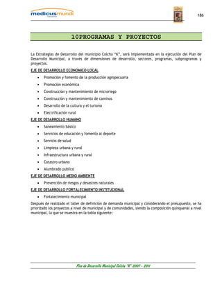 186




                           10PROGRAMAS Y PROYECTOS

La Estrategias de Desarrollo del municipio Colcha “K”, será implementada en la ejecución del Plan de
Desarrollo Municipal, a través de dimensiones de desarrollo, sectores, programas, subprogramas y
proyectos.
EJE DE DESARROLLO ECONOMICO LOCAL
   •   Promoción y fomento de la producción agropecuaria
   •   Promoción económica
   •   Construcción y mantenimiento de microriego
   •   Construcción y mantenimiento de caminos
   •   Desarrollo de la cultura y el turismo
   •   Electrificación rural
EJE DE DESARROLLO HUMANO
   •   Saneamiento básico
   •   Servicios de educación y fomento al deporte
   •   Servicio de salud
   •   Limpieza urbana y rural
   •   Infraestructura urbana y rural
   •   Catastro urbano
   •   Alumbrado publico
EJE DE DESARROLLO MEDIO AMBIENTE
   •   Prevención de riesgos y desastres naturales
EJE DE DESARROLLO FORTALECIMIENTO INSTITUCIONAL
   •   Fortalecimiento municipal
Después de realizado el taller de definición de demanda municipal y considerando el presupuesto, se ha
priorizado los proyectos a nivel de municipal y de comunidades, siendo la composición quinquenal a nivel
municipal, la que se muestra en la tabla siguiente:




                               Plan de Desarrollo Municipal Colcha “K” 2007 - 2011
 