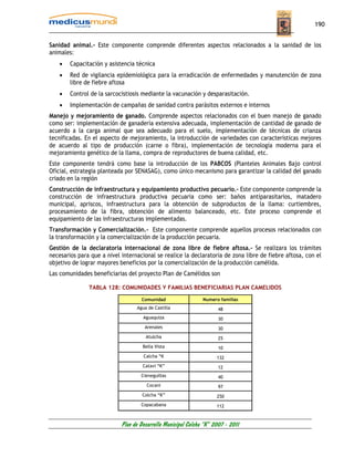 190


Sanidad animal.- Este componente comprende diferentes aspectos relacionados a la sanidad de los
animales:
    •   Capacitación y asistencia técnica
    •   Red de vigilancia epidemiológica para la erradicación de enfermedades y manutención de zona
        libre de fiebre aftosa
    •   Control de la sarcocistiosis mediante la vacunación y desparasitación.
    •   Implementación de campañas de sanidad contra parásitos externos e internos
Manejo y mejoramiento de ganado. Comprende aspectos relacionados con el buen manejo de ganado
como ser: implementación de ganadería extensiva adecuada, implementación de cantidad de ganado de
acuerdo a la carga animal que sea adecuado para el suelo, implementación de técnicas de crianza
tecnificadas. En el aspecto de mejoramiento, la introducción de variedades con características mejores
de acuerdo al tipo de producción (carne o fibra), implementación de tecnología moderna para el
mejoramiento genético de la llama, compra de reproductores de buena calidad, etc.
Este componente tendrá como base la introducción de los PABCOS (Planteles Animales Bajo control
Oficial, estrategia planteada por SENASAG), como único mecanismo para garantizar la calidad del ganado
criado en la región
Construcción de infraestructura y equipamiento productivo pecuario.- Este componente comprende la
construcción de infraestructura productiva pecuaria como ser: baños antiparasitarios, matadero
municipal, apriscos, infraestructura para la obtención de subproductos de la llama: curtiembres,
procesamiento de la fibra, obtención de alimento balanceado, etc. Este proceso comprende el
equipamiento de las infraestructuras implementadas.
Transformación y Comercialización.- Este componente comprende aquellos procesos relacionados con
la transformación y la comercialización de la producción pecuaria.
Gestión de la declaratoria internacional de zona libre de fiebre aftosa.- Se realizara los trámites
necesarios para que a nivel internacional se realice la declaratoria de zona libre de fiebre aftosa, con el
objetivo de lograr mayores beneficios por la comercialización de la producción camélida.
Las comunidades beneficiarias del proyecto Plan de Camélidos son

               TABLA 128: COMUNIDADES Y FAMILIAS BENEFICIARIAS PLAN CAMELIDOS

                                    Comunidad                  Numero familias
                                  Agua de Castilla                    48
                                     Aguaquiza                        30
                                      Arenales                        30
                                      Atulcha                         25
                                     Bella Vista                      10
                                     Calcha “K                       132
                                     Catavi “K”                       12
                                    Cieneguillas                      40
                                       Cocani                         97
                                     Colcha “K”                      250
                                    Copacabana                       112



                            Plan de Desarrollo Municipal Colcha “K” 2007 - 2011
 