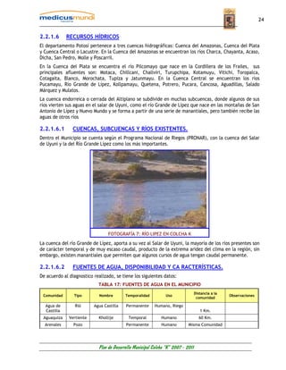 24


2.2.1.6      RECURSOS HÍDRICOS
El departamento Potosí pertenece a tres cuencas hidrográficas: Cuenca del Amazonas, Cuenca del Plata
y Cuenca Central o Lacustre. En la Cuenca del Amazonas se encuentran los ríos Charca, Chayanta, Acaso,
Dicha, San Pedro, Molle y Poscarril.
En la Cuenca del Plata se encuentra el río Pilcomayo que nace en la Cordillera de los Frailes, sus
principales afluentes son: Motaca, Chillcani, Challviri, Turupchipa, Kotamuyu, Vitichi, Toropalca,
Cotagaita, Blanco, Morochata, Tupiza y Jatunmayu. En la Cuenca Central se encuentran los ríos
Pucamayu, Río Grande de Lípez, Kollpamayu, Quetena, Potrero, Pucara, Cancosa, Aguadillas, Salado
Márquez y Mulatos.
La cuenca endorreica o cerrada del Altiplano se subdivide en muchas subcuencas, donde algunos de sus
ríos vierten sus aguas en el salar de Uyuni, como el río Grande de Lípez que nace en las montañas de San
Antonio de Lípez y Nuevo Mundo y se forma a partir de una serie de manantiales, pero también recibe las
aguas de otros ríos

2.2.1.6.1       CUENCAS, SUBCUENCAS Y RÍOS EXISTENTES.
Dentro el Municipio se cuenta según el Programa Nacional de Riegos (PRONAR), con la cuenca del Salar
de Uyuni y la del Río Grande Lípez como los más importantes.




                                 FOTOGRAFÍA 7: RÍO LIPEZ EN COLCHA K
La cuenca del río Grande de Lípez, aporta a su vez al Salar de Uyuni, la mayoría de los ríos presentes son
de carácter temporal y de muy escaso caudal, producto de la extrema aridez del clima en la región, sin
embargo, existen manantiales que permiten que algunos cursos de agua tengan caudal permanente.

2.2.1.6.2       FUENTES DE AGUA, DISPONIBILIDAD Y CA RACTERÍSTICAS.
De acuerdo al diagnostico realizado, se tiene los siguientes datos:
                            TABLA 17: FUENTES DE AGUA EN EL MUNICIPIO
                                                                                  Distancia a la
 Comunidad      Tipo         Nombre       Temporalidad          Uso                                Observaciones
                                                                                   comunidad

  Agua de        Rió      Agua Castilla   Permanente      Humano, Riego
  Castilla                                                                           1 Km.
 Aguaquiza    Vertiente     Khollije        Temporal         Humano                  60 Km.
  Arenales      Pozo                      Permanente         Humano         Misma Comunidad




                            Plan de Desarrollo Municipal Colcha “K” 2007 - 2011
 