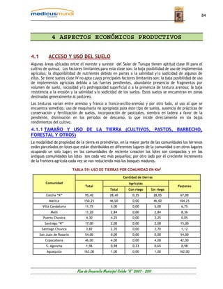 84




             4 ASPECTOS ECONÓMICOS PRODUCTIVOS

4.1        ACCESO Y USO DEL SUELO
Algunas áreas ubicadas entre el noreste y sureste del Salar de Tunupa tienen aptitud clase III para el
cultivo de quinua. Los factores limitantes para esta clase son: la baja posibilidad de uso de implementos
agrícolas; la disponibilidad de nutrientes debido en partes a la salinidad y/o sodicidad de algunos de
ellos. Se tiene suelos clase IV no apta cuyos principales factores limitantes son: la baja posibilidad de uso
de implementos agrícolas debido a las fuertes pendientes, abundante presencia de fragmentos por
volumen de suelo, rocosidad y/o pedregosidad superficial o a la presencia de textura arenosa; la baja
resistencia a la erosión y la salinidad y/o sodicidad de los suelos. Estos suelos se encuentran en zonas
destinadas generalmente al pastoreo.
Las texturas varían entre arenoso y franco a franco-arcillo-arenoso y por otro lado, al uso al que se
encuentra sometido, uso de maquinaria no apropiada para este tipo de suelos, ausencia de prácticas de
conservación y fertilización de suelos, incorporación de pastizales, siembra en ladera a favor de la
pendiente, disminución en los períodos de descanso, lo que incide directamente en los bajos
rendimientos del cultivo.
4.1.1 TAMAÑO Y USO DE LA TIERRA (CULTIVOS, PASTOS, BARBECHO,
FORESTAL Y OTROS)
La modalidad de propiedad de la tierra es proindiviso, en la mayor parte de las comunidades los terrenos
están parcelados en lotes que están distribuidos en diferentes lugares de la comunidad o en otros lugares
ocupando un solo lugar; en las comunidades de reciente creación los lotes son compactos y en las
antiguas comunidades los lotes son cada vez más pequeños; por otro lado por el creciente incremento
de la frontera agrícola cada vez se van reduciendo más los bosques maduros.

                            TABLA 59: USO DE TIERRAS POR COMUNIDAD EN KM2

                                                             Cantidad de tierras
         Comunidad                                               Agrícolas
                                   Total                                                        Pastoreo
                                                    Total        Con riego          Sin riego
          Colcha “K”               95,40            28,40           0,35             28,05       67,00
            Mañica                150,25            46,00           0,00             46,00       104,25
       Villa Candelaria            11,75             5,00           0,00              5,00        6,75
             Malil                 11,20             2,84           0,00              2,84        8,36
        Puerto Chuvica              4,30             4,25           0,00              2,25        0,05
         Santiago “K”              17,00             2,00           0,00              2,00       15,00
       Santiago Chuvica             3,82             2,70           0,00              2,70        1,12
      San Juan de Rosario          54,00             0,00           0,00              0,00       54,00
         Copacabana                46,00             4,00           0,00              4,00       42,00
          S. Agencha                1,96             0,98           0,33              0,65        0,98
          Aguaquiza               163,00             1,00           0,00              1,00       162,00




                              Plan de Desarrollo Municipal Colcha “K” 2007 - 2011
 