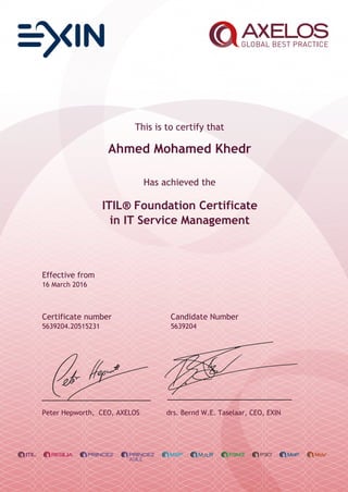 This is to certify that
Ahmed Mohamed Khedr
Has achieved the
ITIL® Foundation Certificate
in IT Service Management
Effective from
16 March 2016
Certificate number Candidate Number
5639204.20515231 5639204
Peter Hepworth, CEO, AXELOS drs. Bernd W.E. Taselaar, CEO, EXIN
 