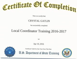 Crystal Gatlin Local Coordinator Certificate