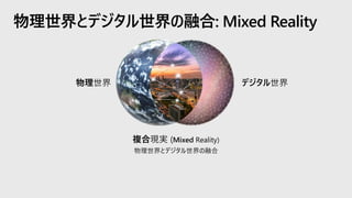 物理世界とデジタル世界の融合: Mixed Reality
物理世界 デジタル世界
複合現実 (Mixed Reality)
物理世界とデジタル世界の融合
 