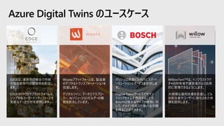 Azure Digital Twins のユースケース
EDGEは、革新的で健全で持続
可能な新世代の建築物を創造し
ます。
EDGEソフトウェアプラットフォームは、
シンプルなユーザーインターフェースで
高度なデータ分析を提供します。
Wizataプラットフォームは、製造業
のデジタルトランスフォーメーションを
促進します。
デジタルツイン、データエクスプロー
ラー、AIソリューションビルダーの機
能を統合しています。
ボッシュは商業ビル向けにスマート
ソリューションとサービスを提供しま
す。
Digital Twinsサービスでセマン
ティックモデルを適用することで、
Boschは様々なタイプの建物に対
して、ドメインを超えた強力な洞察
を得ることができます。
WillowTwinTMは、インフラストラク
チャの所有者や運営者がより効率
的に管理できるようにします。
大規模な運用改善を促進し、ビル
の居住者やユーザーに強化された体
験を提供します。
 