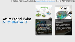 Azure Digital Twins
パートナー様のユースケース
Twin Builder: Physics-Based
Digital Twins
Ansys は Azure Digital Twins
を使用して物理ベースの Digital
Twin モデルの導入をより簡単にし、
物理資産と機器の予測と保守を
強化しました。
iTwin: Infrastructure Digital
Twins
Microsoft Azure Digital Twins
の恩恵を受けたBentleyのiTwin
ユーザーは、膨大な量のセンサー
データを迅速に処理して理解し、
重要な洞察を生み出し、迅速な
意思決定能力を得ることができる
ようになりました。
※ オンラインイベントMicrosoft Build 2020 (https://mybuild.microsoft.com/ ) セッション スライドより抜粋 (抄訳)
 