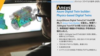 ANSYS
Azure Digital Twin builder:
Physics-based Digital Twins
AnsysはAzure Digital TwinsとIoT Hubを使
用して Ansys Twin Builder を強化し、物理ベー
スのDigital Twinモデルの導入をさらに容易にし
て、物理資産や機器の予知保全と予防保全を
強化しました。
• 物理ベースのDigital Twinモデルを迅速かつ容易に構築し、
展開することができます。
• 現在の製品行動を分析し、実生活のシナリオにおける変
化の影響を予測する
• プロセスをリアルタイムで監視し、最適化する
• 社員教育の充実
• メンテナンスコストの削減と予測保全プログラムの精度向上
※ オンラインイベントMicrosoft Build 2020 (https://mybuild.microsoft.com/ ) セッション スライドより抜粋 (抄訳)
 
