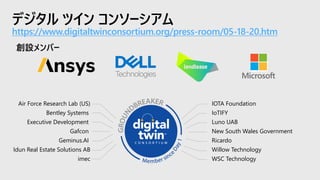 デジタル ツイン コンソーシアム
https://www.digitaltwinconsortium.org/press-room/05-18-20.htm
創設メンバー
Air Force Research Lab (US)
Bentley Systems
Executive Development
Gafcon
Geminus.AI
Idun Real Estate Solutions AB
imec
IOTA Foundation
IoTIFY
Luno UAB
New South Wales Government
Ricardo
Willow Technology
WSC Technology
 