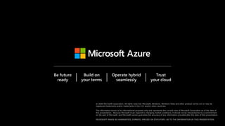 © 2020 Microsoft Corporation. All rights reserved. Microsoft, Windows, Windows Vista and other product names are or may be
registered trademarks and/or trademarks in the U.S. and/or other countries.
The information herein is for informational purposes only and represents the current view of Microsoft Corporation as of the date of
this presentation. Because Microsoft must respond to changing market conditions, it should not be interpreted to be a commitment
on the part of Microsoft, and Microsoft cannot guarantee the accuracy of any information provided after the date of this presentation.
MICROSOFT MAKES NO WARRANTIES, EXPRESS, IMPLIED OR STATUTORY, AS TO THE INFORMATION IN THIS PRESENTATION.
Be future
ready
Build on
your terms
Operate hybrid
seamlessly
Trust
your cloud
 