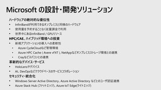 ハードウェアの絶対的な優位性
• InfiniBandが利用できるオンプレミスと同様のハードウェア
• 使用量を予約することなく従量課金で利用
• 世界中にあるInfiniBand / GPUリソース
HPC/CAE、ハイブリッド環境への投資
• 新規アプリケーションの導入への柔軟性
• Azure CycleCloudなど管理環境
• Azure HPC Cache ( Avere vFXT ), NetAppなどオンプレミスストレージ環境との連携
• Crayなどスパコンとの連携
革新的なデバイス・サービス
• HoloLensやデバイス
• AI、DevOpsなどクラウドベースのサービスコラボレーション
セキュリティ・統合化
• Windows Server Active Directory、Azure Active Directory などとのユーザ認証連携
• Azure Stack Hub (ファットエッジ)、Azure IoT Edge(ライトエッジ)
Microsoft の設計・開発ソリューション
 