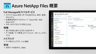 Full Managedなファイルサービス
• ネイティブ Azure 統合 (ポータル/REST/CLI、請求、監視、
セキュリティ)
• 従量課金制のファイルストレージ（Azure MC、Web
Direct など）
• サポートもマイクロソフトが窓口となる
特徴
• 高い可用性と様々なプロトコルをサポート
• データ保護、データ管理 (スナップショット、クローン)、パフォー
マンス
ハイブリッド
• データ移行とレプリケーション機能
安全
• 保存データの暗号化、RBAC
Azure NetApp Files 概要
 