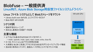 BlobFuse – 一般提供済
Linux向け、Azure Blob Storage用仮想ファイルシステムドライバー
Linux ファイル システムとして Blobストレージをマウント
• Library built over libFUSE 上にライブラリーをビルド
• Blob REST API の活用
シナリオ例
• 機械学習のトレーニング
• 読み出し重視の大容量データ処理
主要な機能
• 以下のような基本的なPOSIXコマンドをサポート:
• mkdir, opendir, rmdir, open, read, create, write, close 他..
• ローカル キャッシュによるアクセス時間の短縮
• 大規模な BLOB に高速にアクセスするための並列ダウンロードとアップロード機能
• 読み取り専用のシナリオで、複数のノードが同じコンテナをマウント可能
VM with GPU
BlobFUSE
libFUSE
FUSE
Storage
Account
Blob Blob
Blob
 
